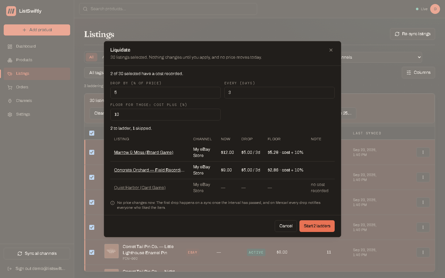 The Liquidate dialog, showing the drop percentage and interval fields, a floor markup over cost, and a preview list of listings with their new floor prices.