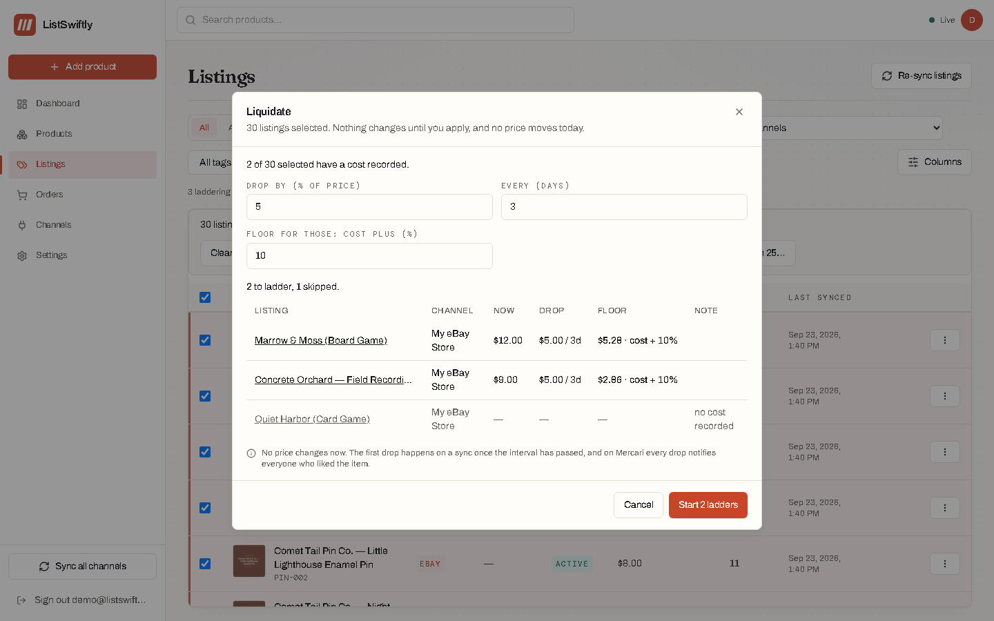 The Liquidate dialog, showing the drop percentage and interval fields, a floor markup over cost, and a preview list of listings with their new floor prices.