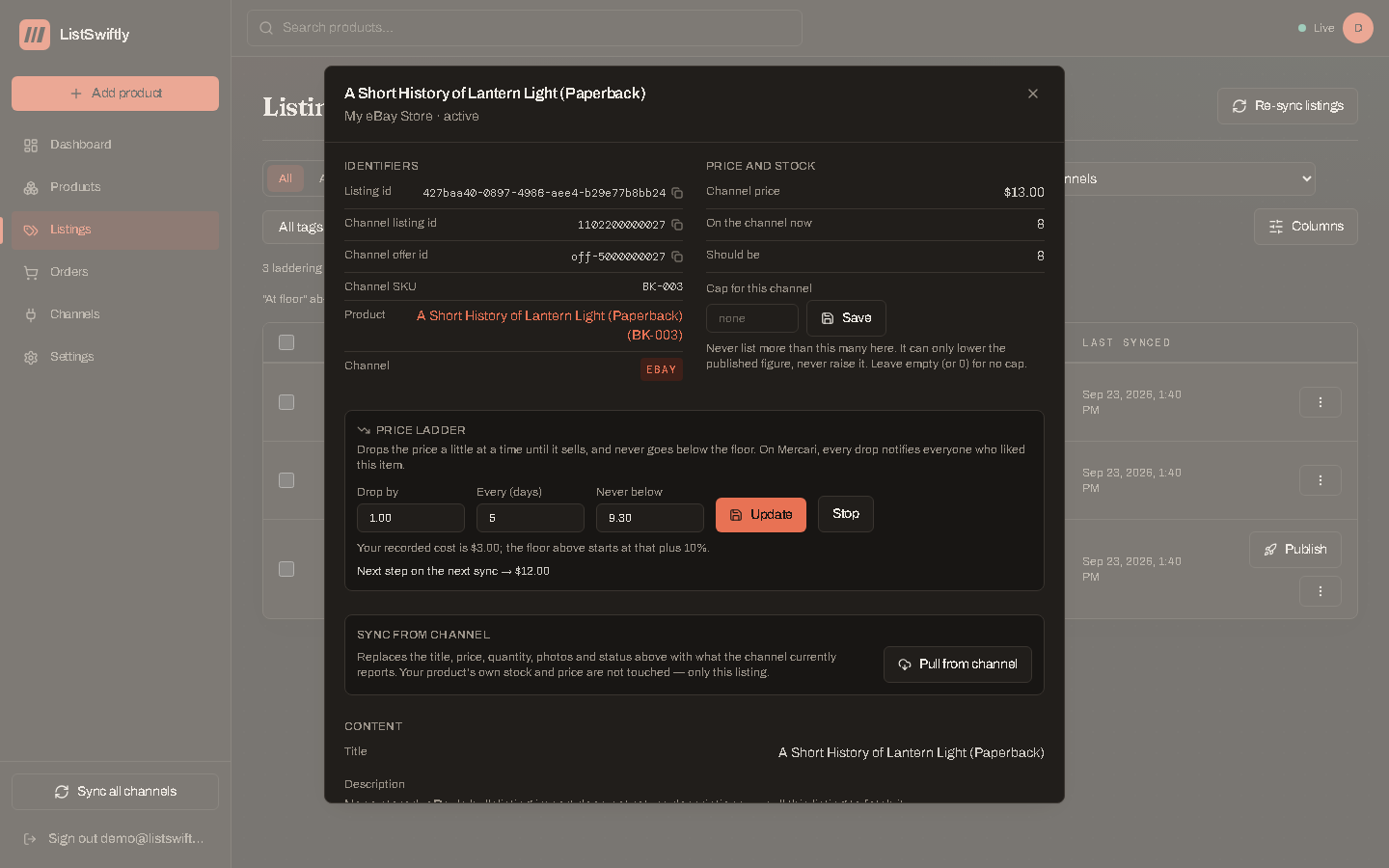The Price ladder section on a listing's detail view, showing Drop by, Every (days) and Never below fields with a running ladder's next-drop status underneath.