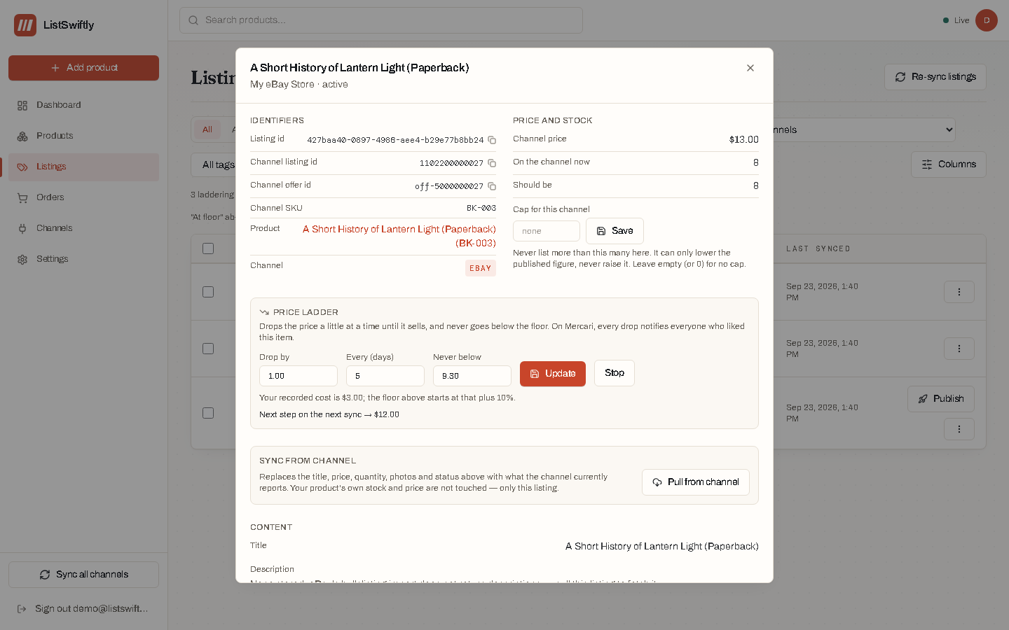 The Price ladder section on a listing's detail view, showing Drop by, Every (days) and Never below fields with a running ladder's next-drop status underneath.