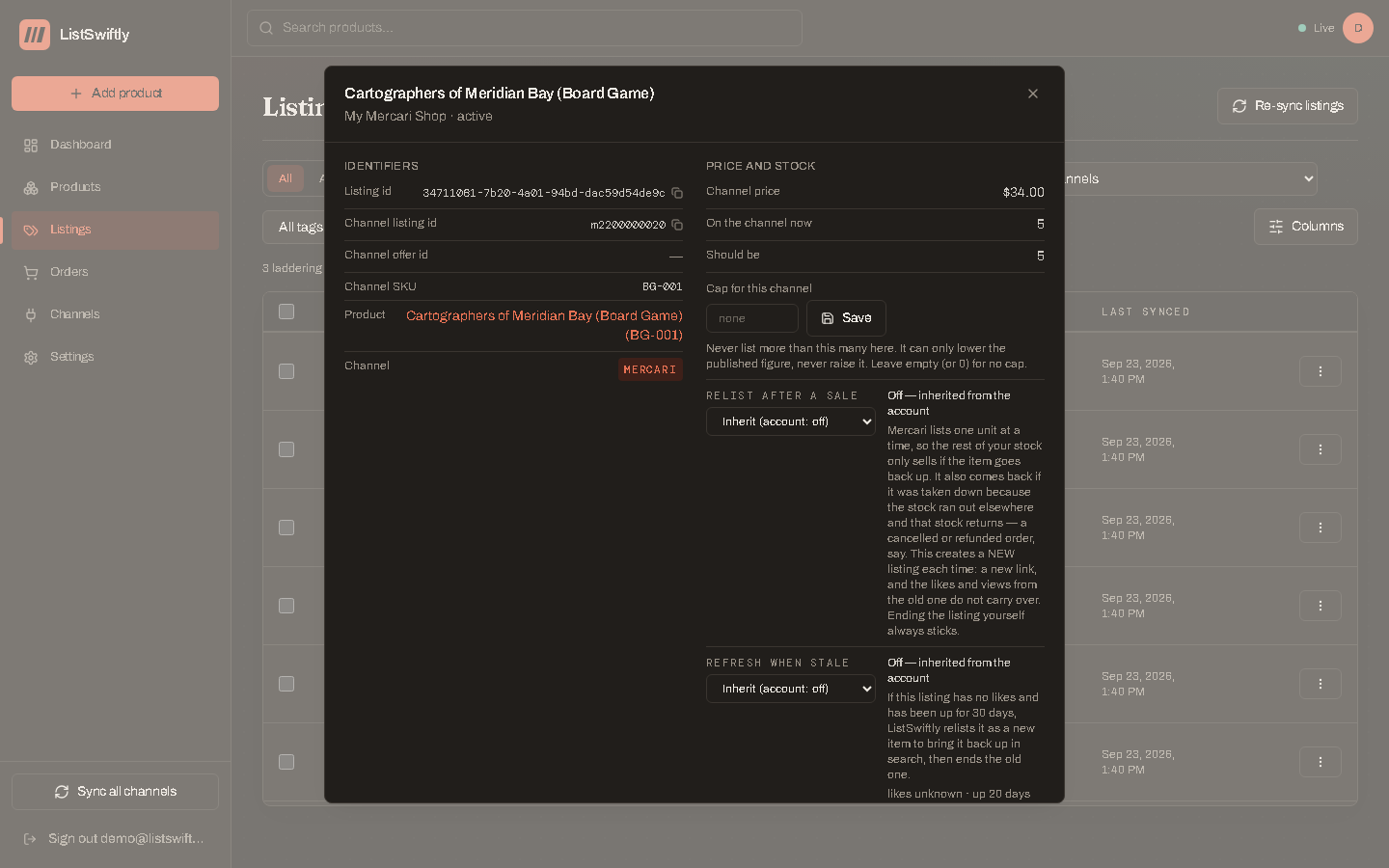 A listing's detail view, showing its status and channel.