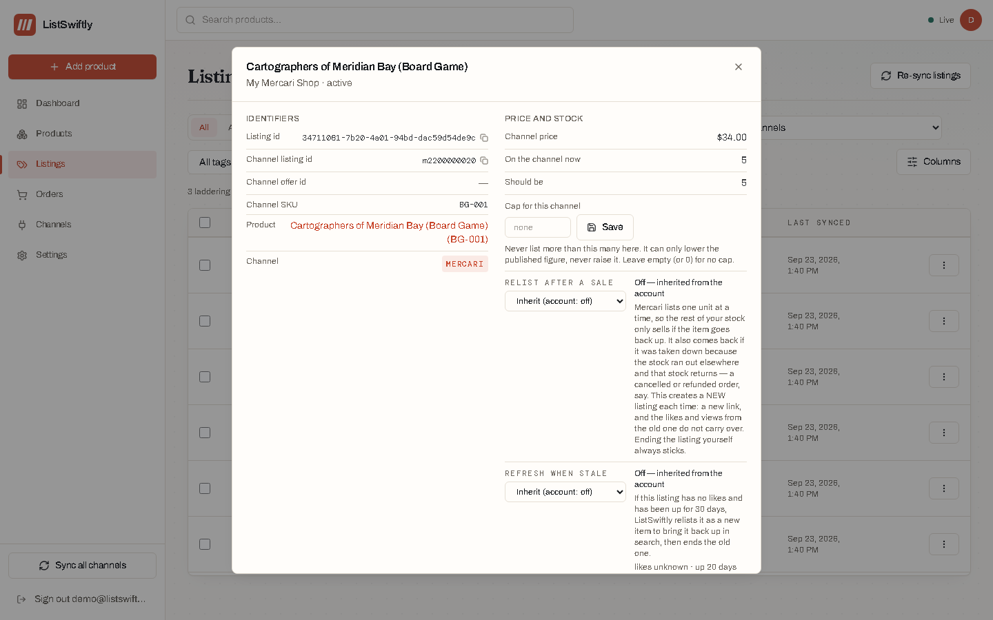 A listing's detail view, showing its status and channel.