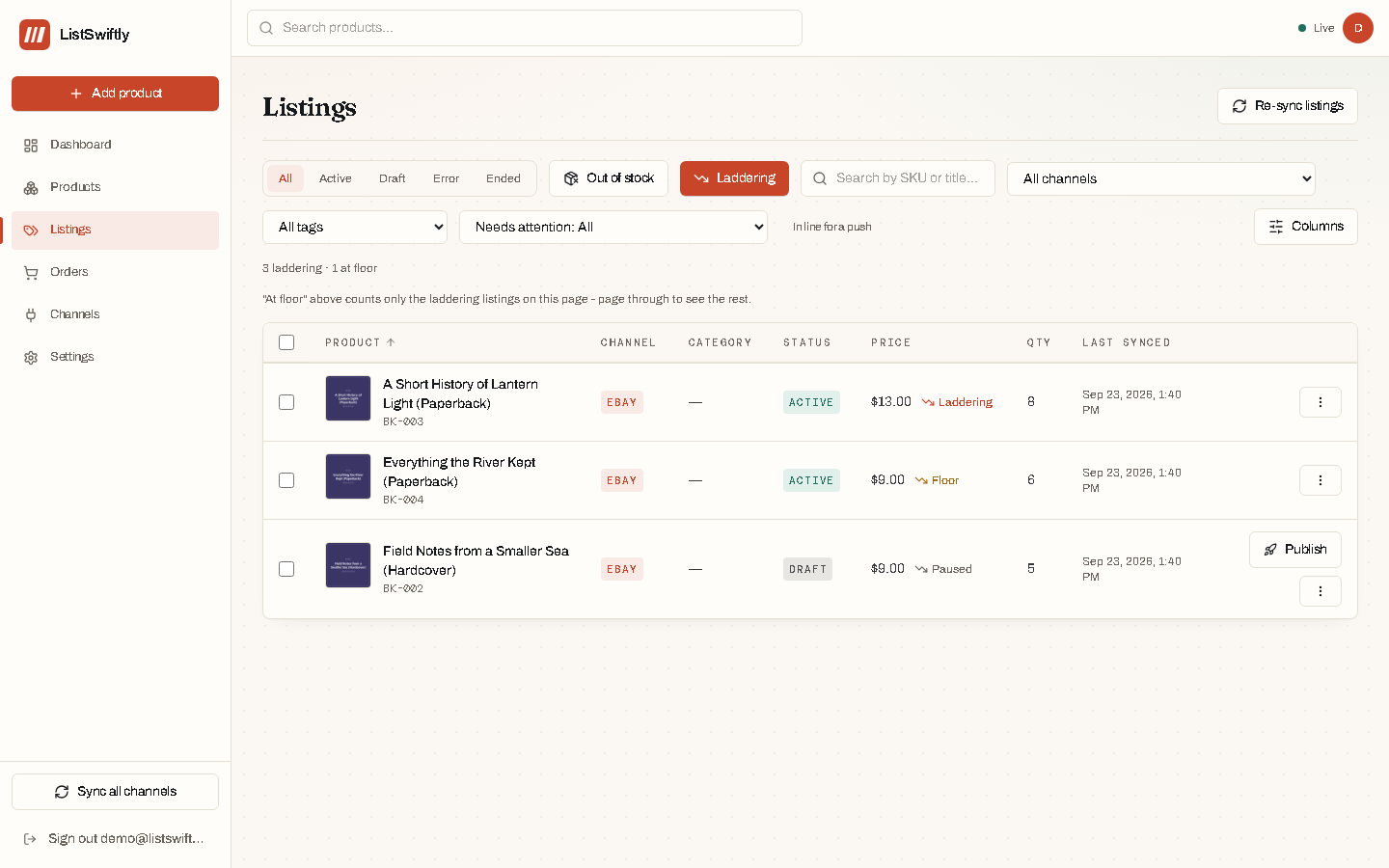 The Listings page, showing products published across multiple connected channels.