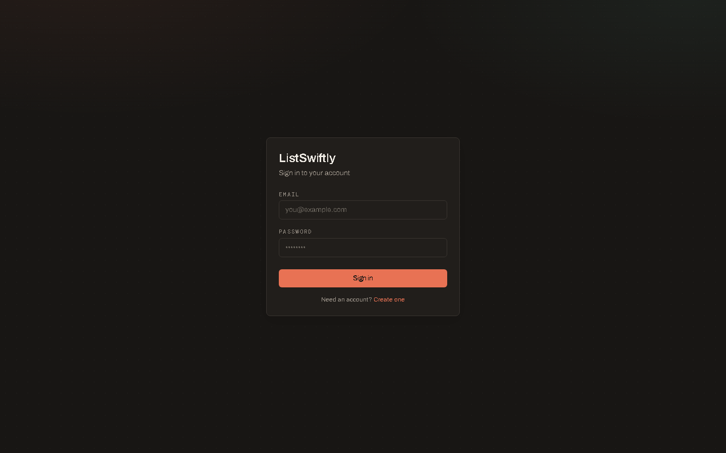 The ListSwiftly sign-in screen, with the option to create an account instead.