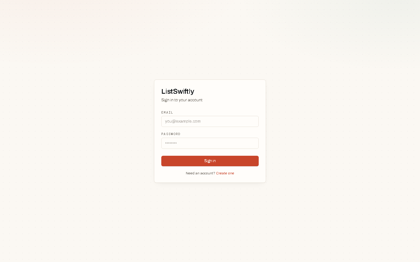The ListSwiftly sign-in screen, with the option to create an account instead.