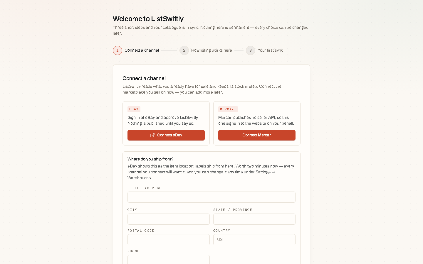 The Connect eBay dialog, with an account name field and the Open eBay consent button.