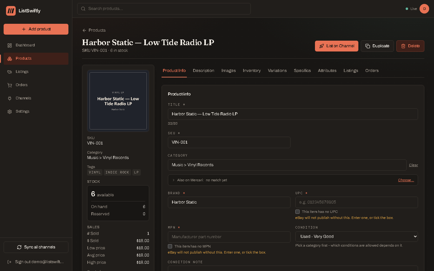 A product's Info tab with an unsaved edit, showing the unsaved-changes bar.