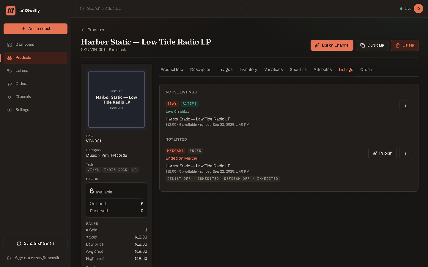 A product's Listings tab, with a Publish button for each connected channel.