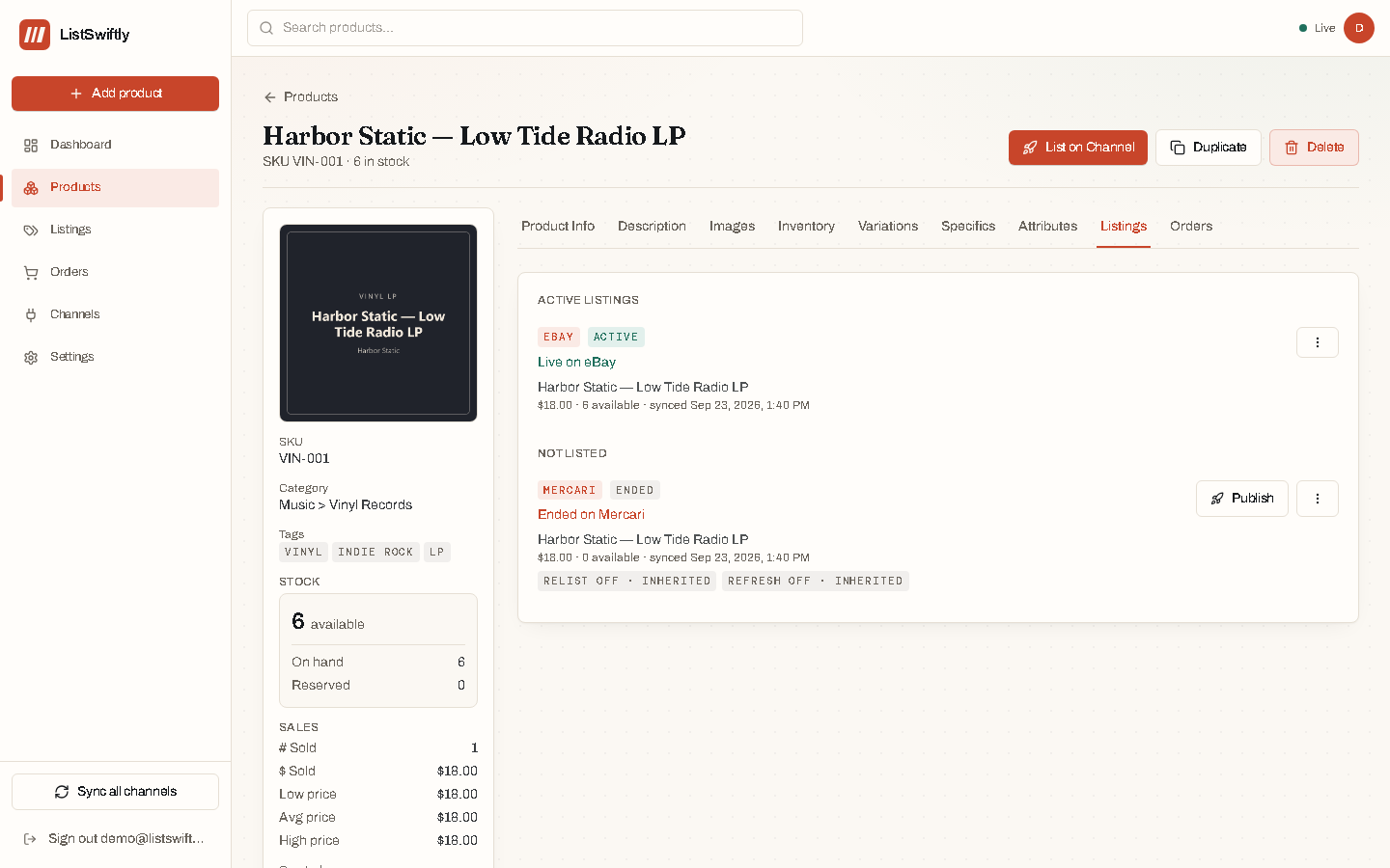 A product's Listings tab, with a Publish button for each connected channel.