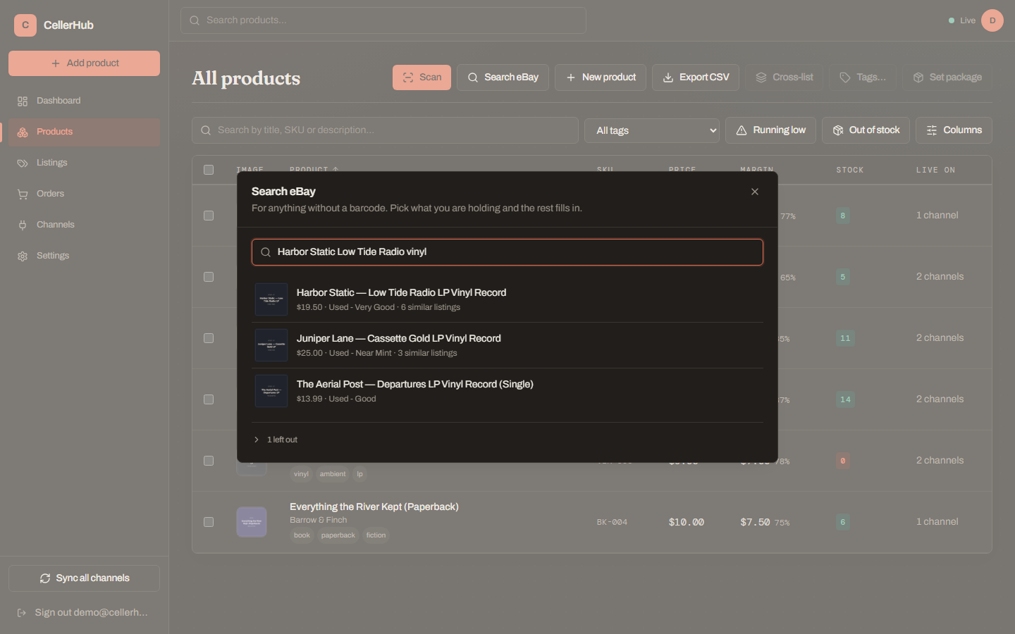 The Search eBay dialog, showing search results to pick from.