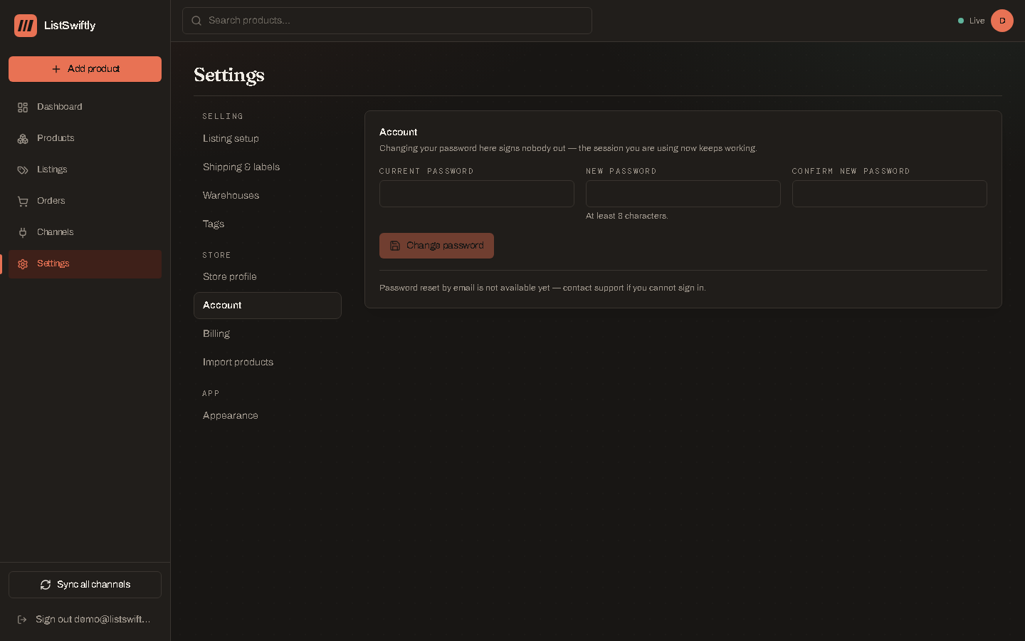 The Account settings page with current password, new password and confirm new password fields.