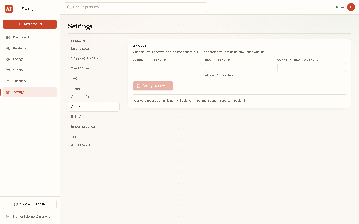 The Account settings page with current password, new password and confirm new password fields.
