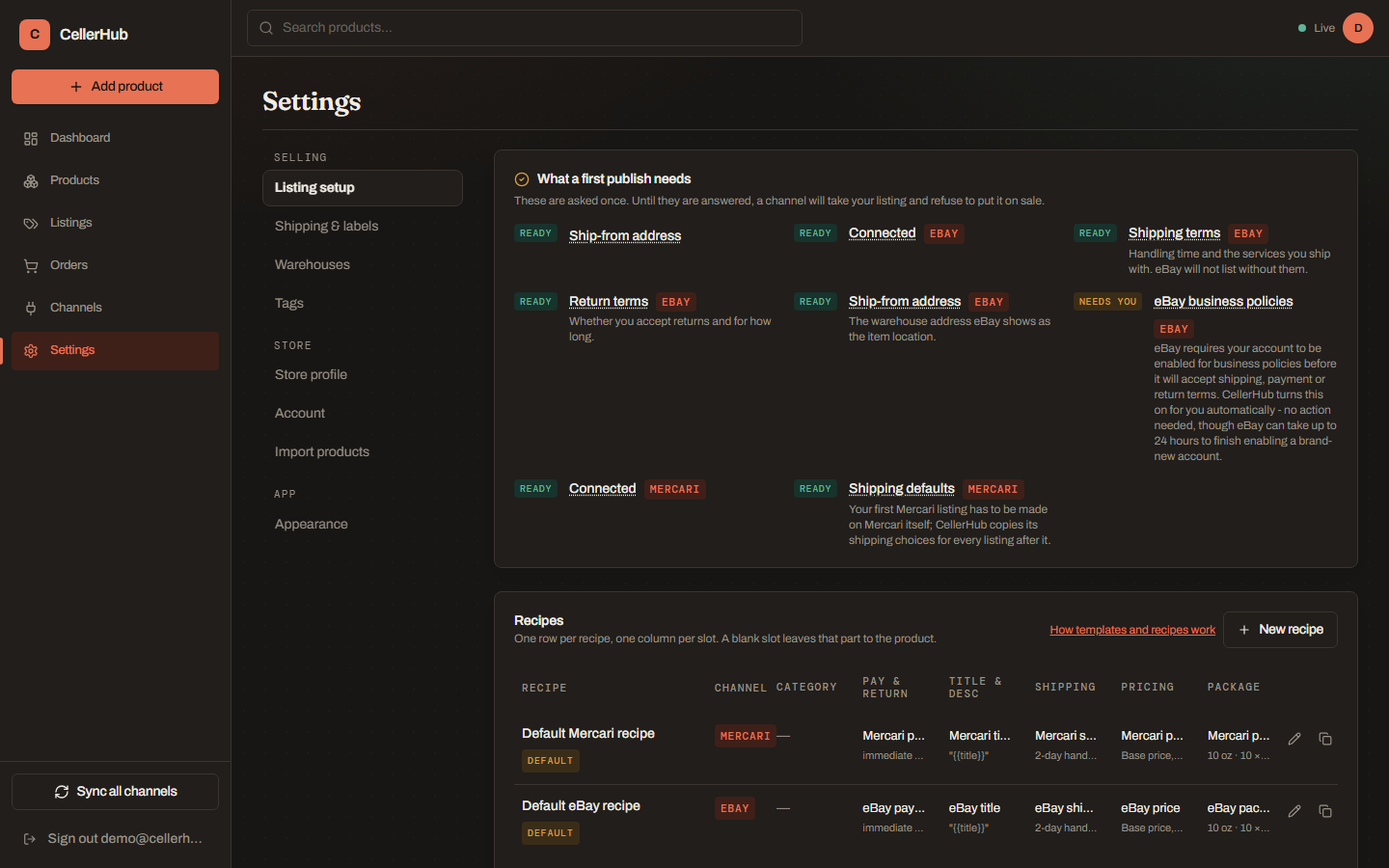 The Listing setup page in Settings, showing the first-publish checklist, listing recipes and listing templates.