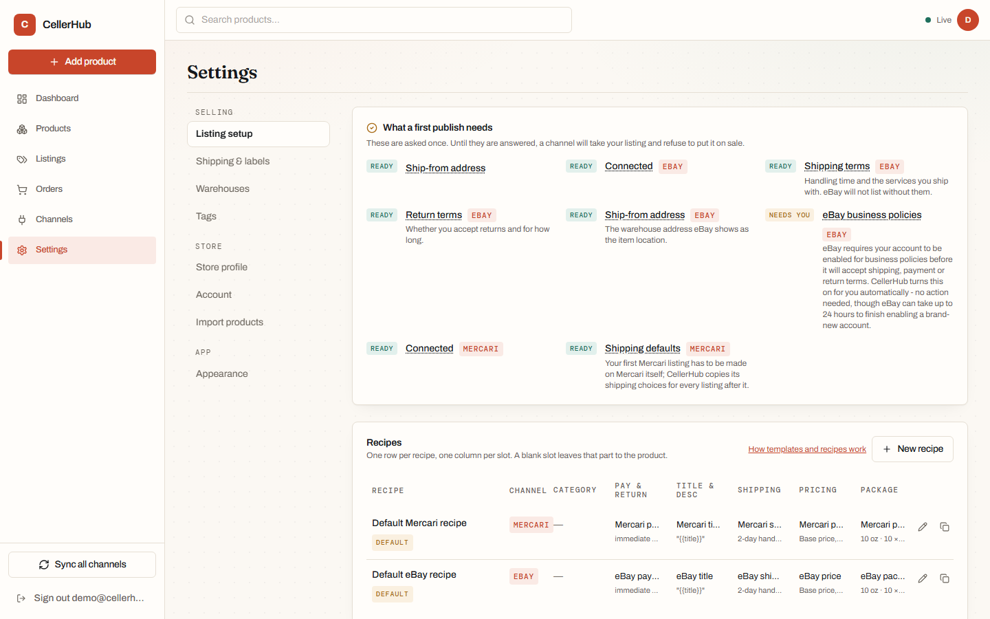 The Listing setup page in Settings, showing the first-publish checklist, listing recipes and listing templates.