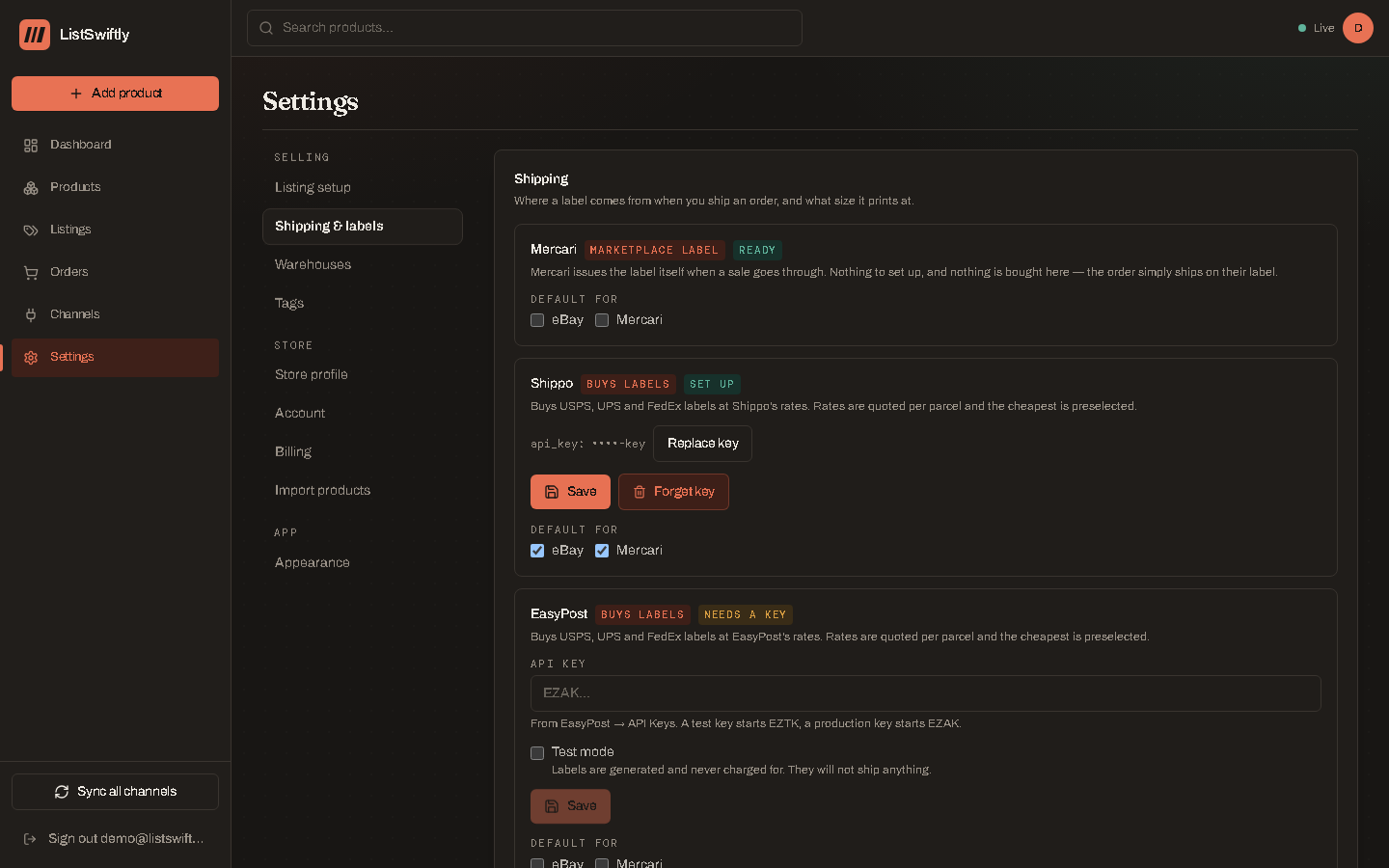 The Shipping and labels settings page, listing Mercari, Shippo, EasyPost, Pirate Ship and eBay labels as provider cards.