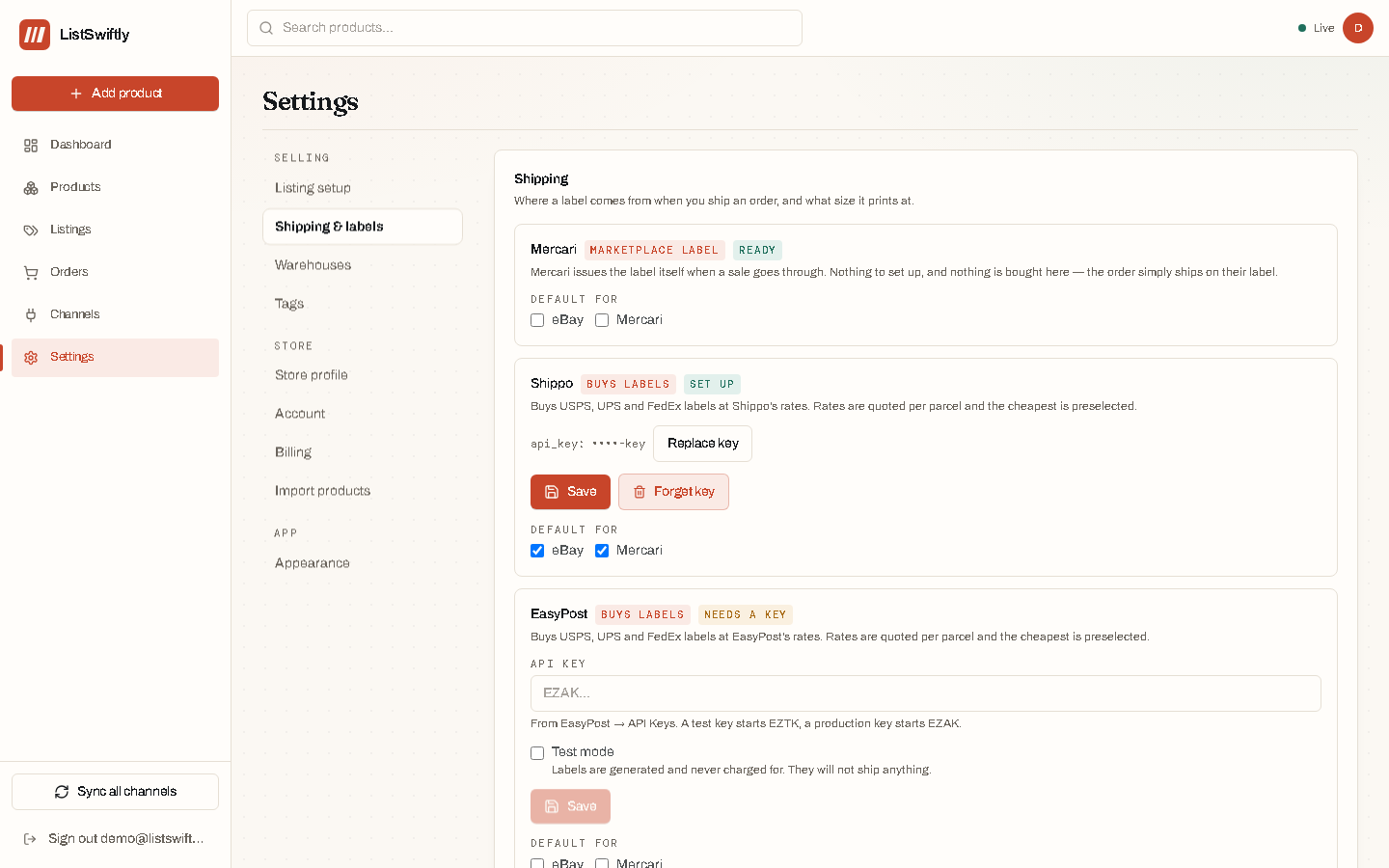 The Shipping and labels settings page, listing Mercari, Shippo, EasyPost, Pirate Ship and eBay labels as provider cards.