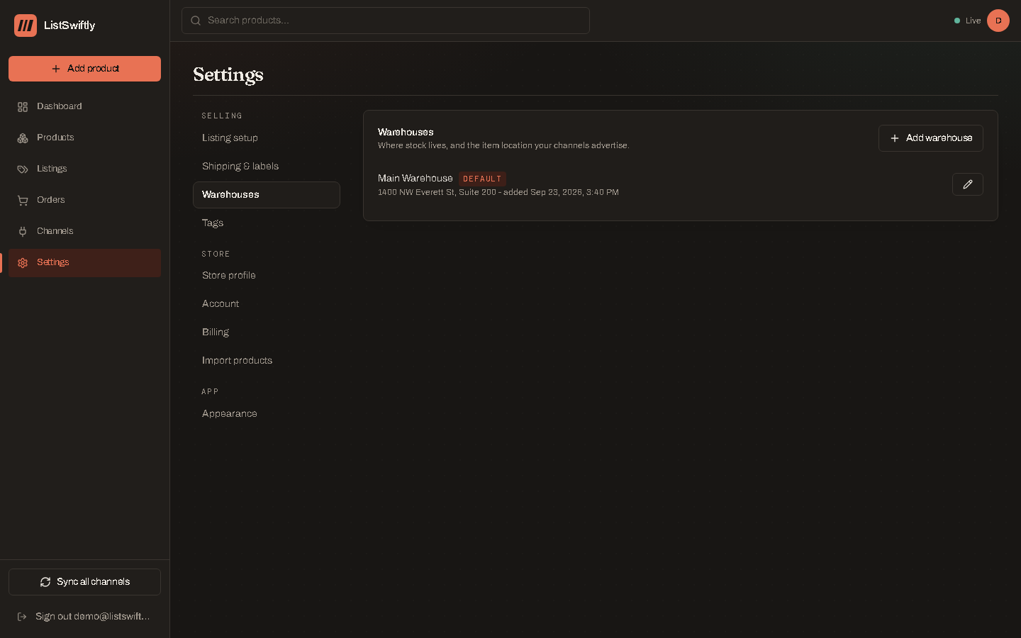 The Warehouses settings page, listing warehouses with their addresses and a default badge.