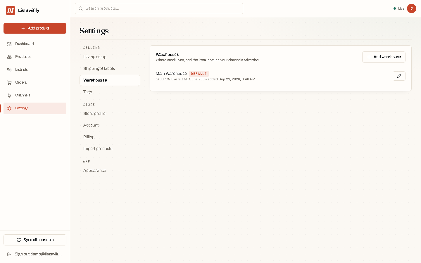 The Warehouses settings page, listing warehouses with their addresses and a default badge.