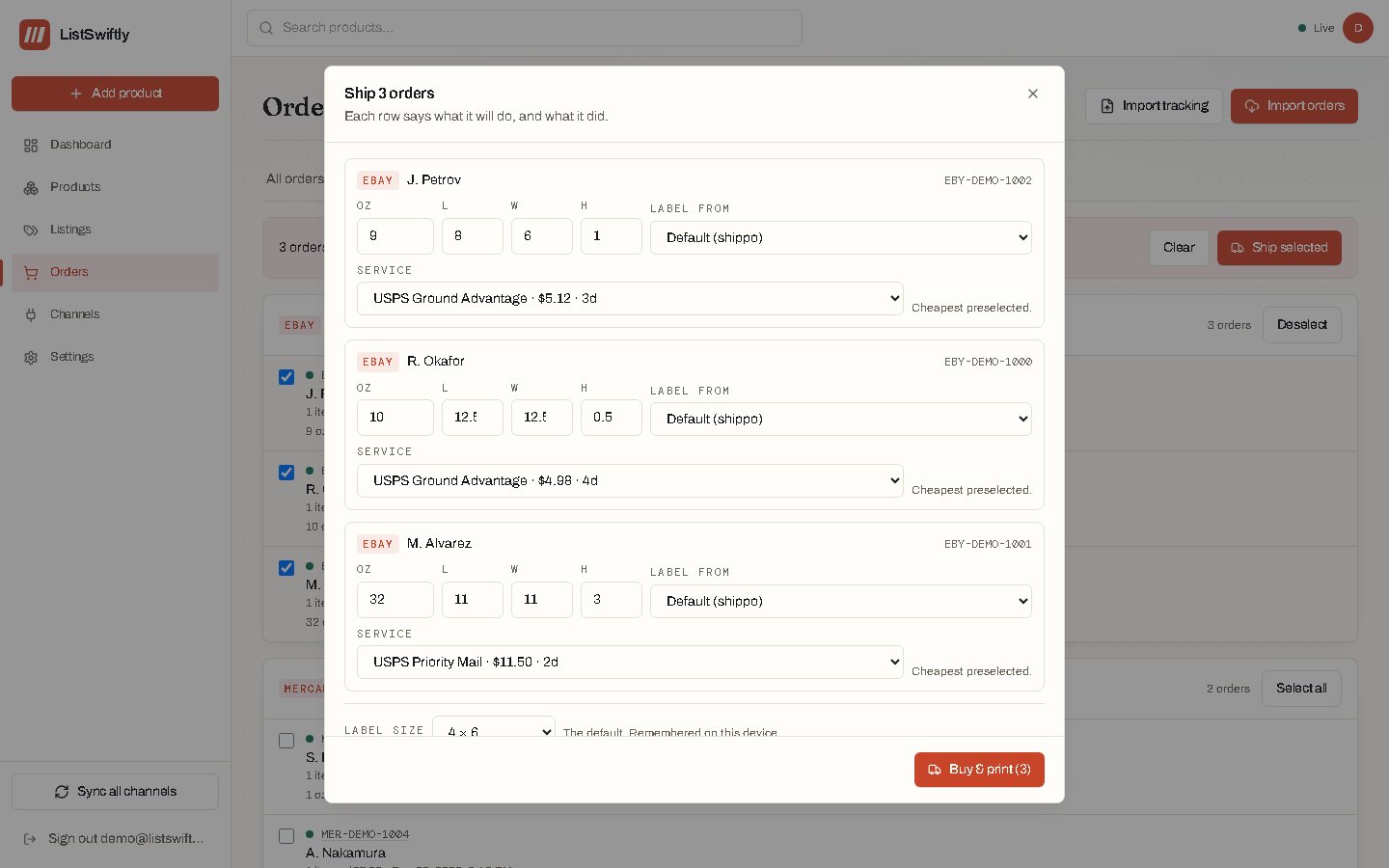 The ship dialog with one row per order, each with its own provider, rate, and outcome.