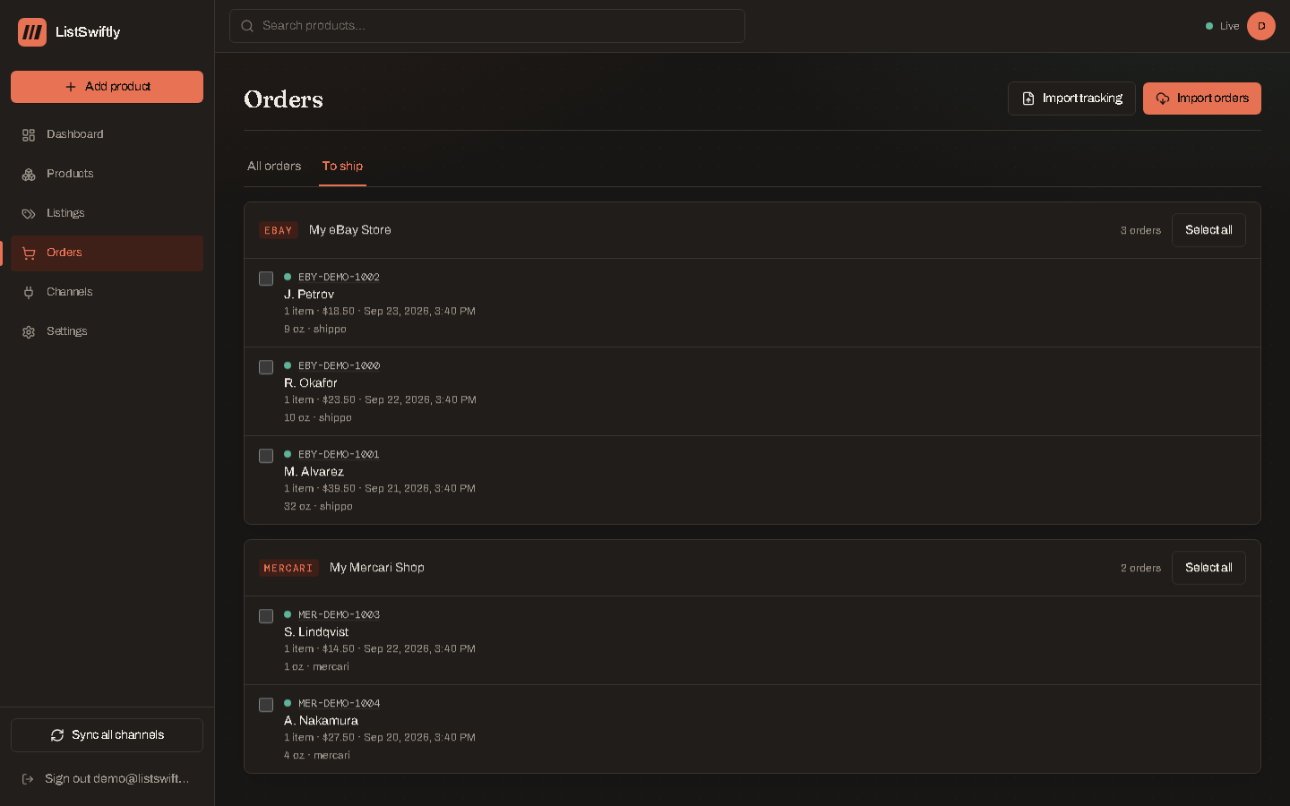 The to-ship list, showing paid orders each with a readiness indicator and a Print label action.
