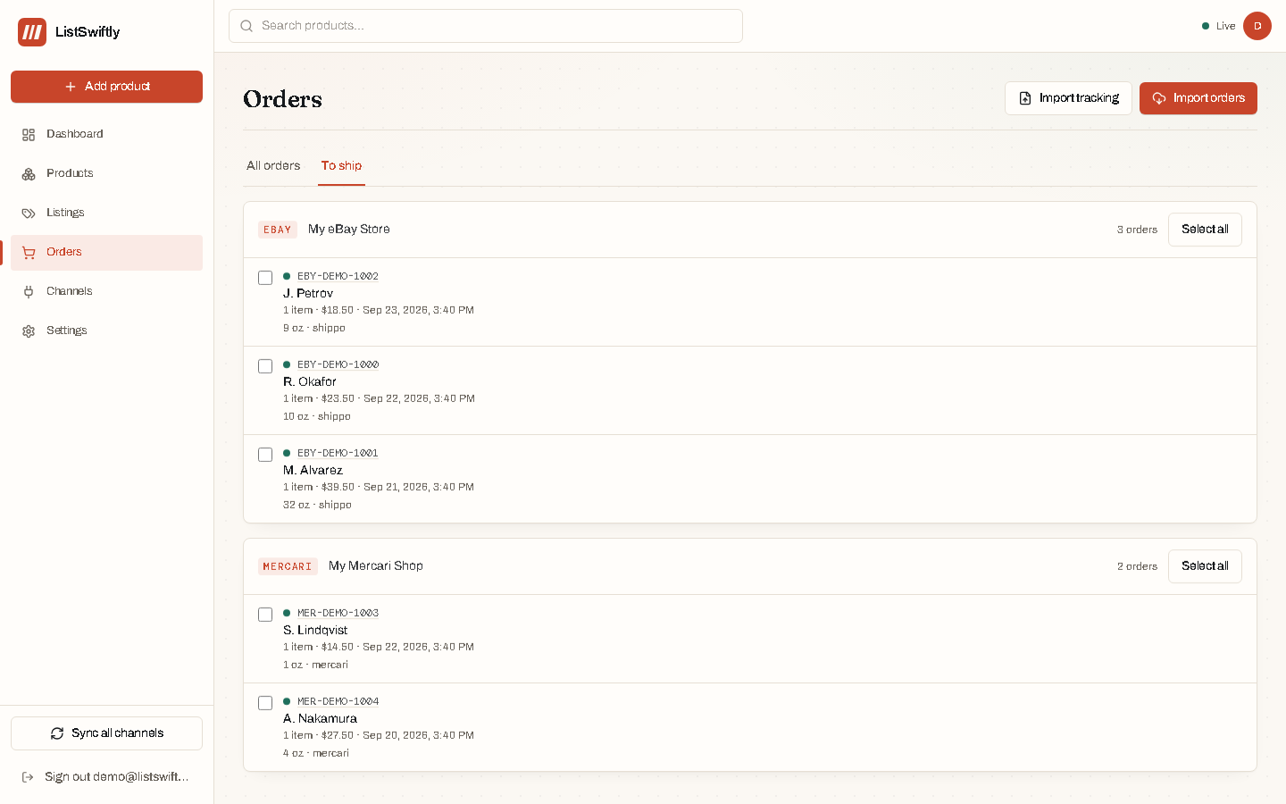 The to-ship list, showing paid orders each with a readiness indicator and a Print label action.